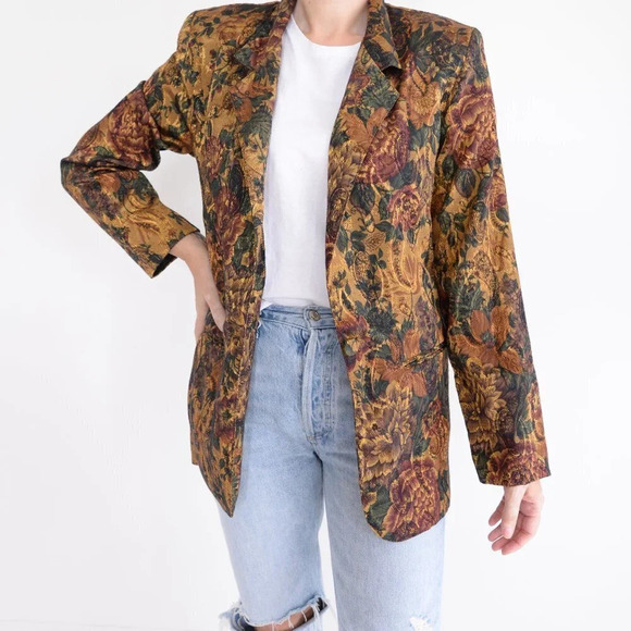 Vintage Gold Floral Brocade Single Button Blazer Small - Picture 1 of 12